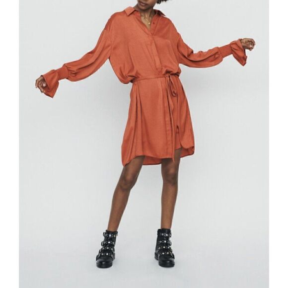 Maje Shirt dress with smocks in Terracotta with lace Size L NWT - Picture 2 of 15